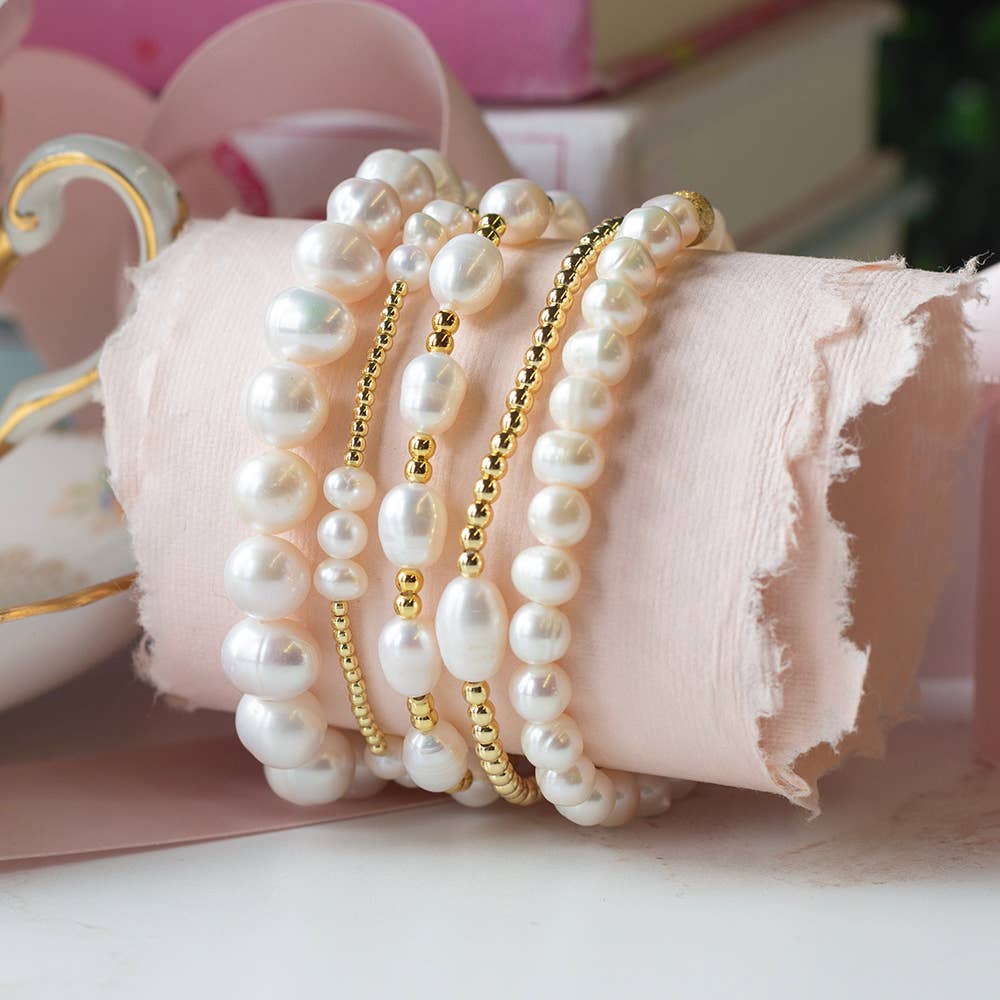 Gilded Gold Beaded Stretch Bracelets, Uno, Pearl