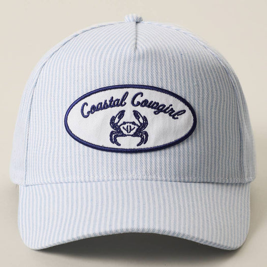 Coastal Cowgirl Crab Patch Seersucker Stripe Trucker Hat: BLUE / One Size