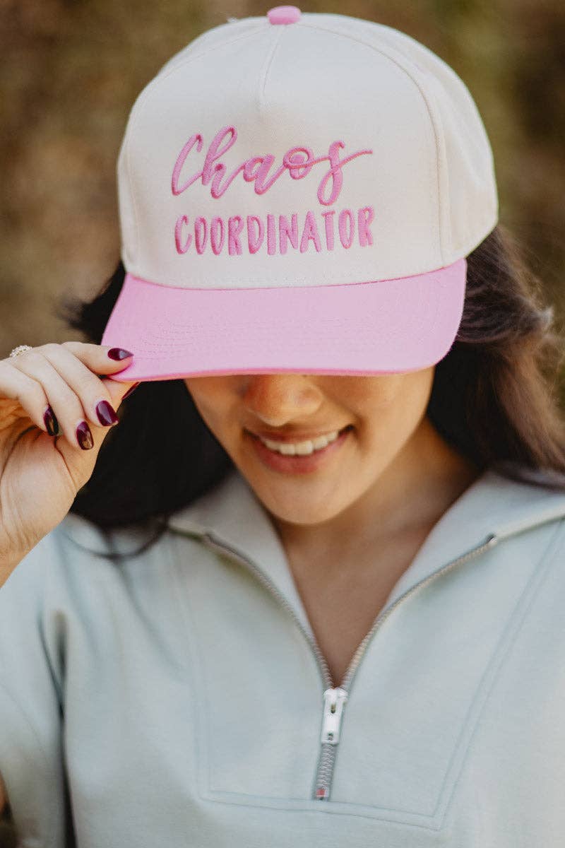 Chaos Coordinator Funny Two-Toned Hat: Pink and Tan