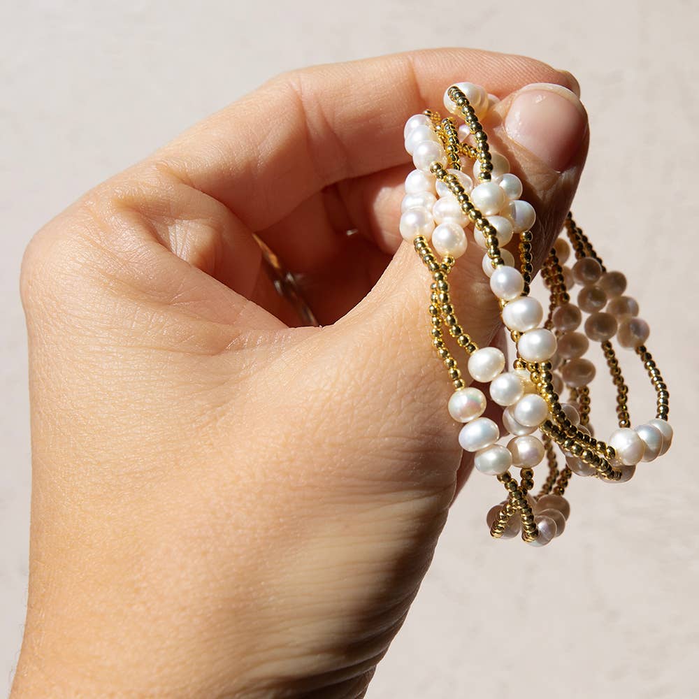 Gilded Gold Beaded Stretch Bracelets, Trio, Pearl